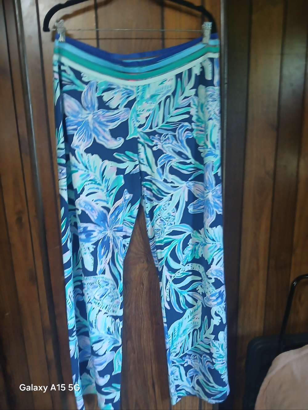 Lilly Pulitzer Aqua, Navy & Light Blue Floral Elastic Waistband Skirt Wide Leg